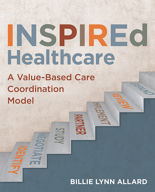 Book cover for INSPIREd Healthcare. Illustration of steps going up with the words from bottom to top: Identify, Negotiate, Study, Partner, Implement, Review, and Expand.