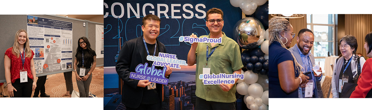 Series of three photos of people at Congress in front of a poster presentation, a Congress banner, and at a reception laughing.