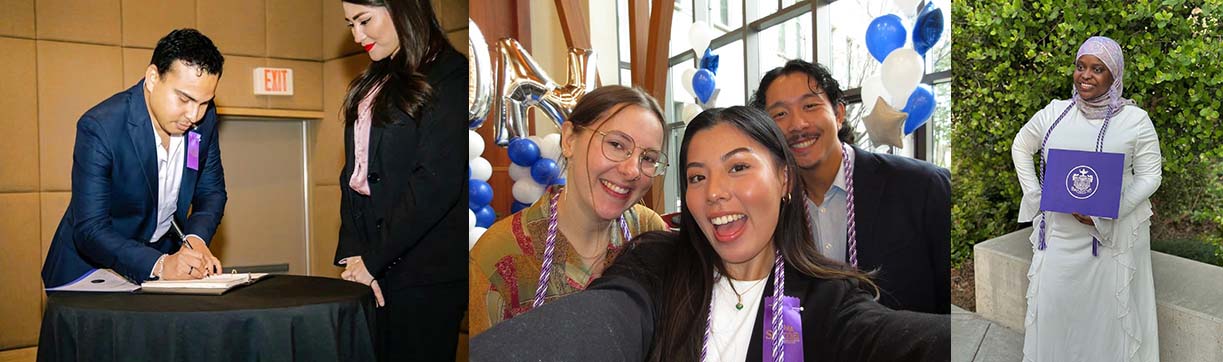 Three images of different Sigma nurses celebrating their inductions. One photo shows Gregoria Santos signing a register book. The next photo is three new inductees wearing their honor cords. The last photo is Kauthar Samu with certificate.