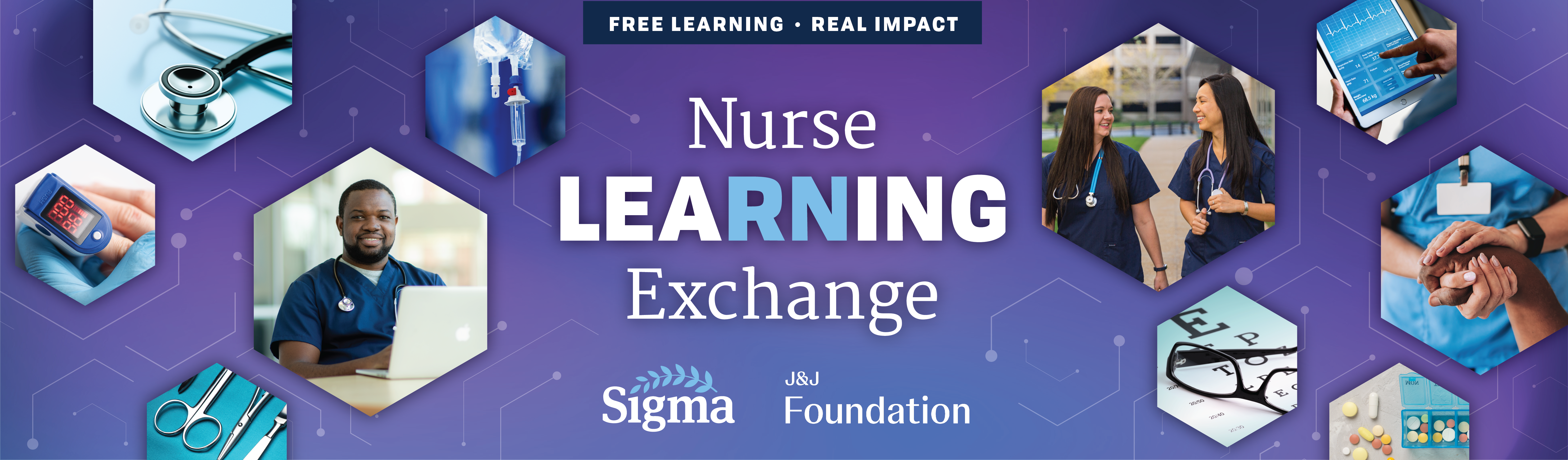 Nurse Learning Exchange header graphic with images of nurses and nursing tools